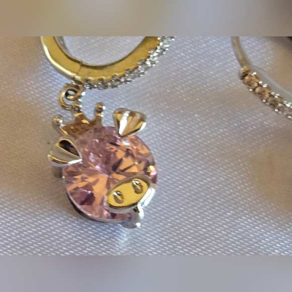 Pretty Bird Silver Hoops with Pink Piggy Faces - Picture 3 of 4